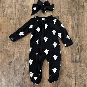 Black Ghost Print Baby Footie One Piece Pajamas w/Headband Set
